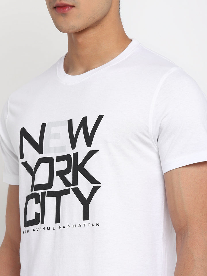 100% Cotton Printed Round Neck T-Shirt For Men - White