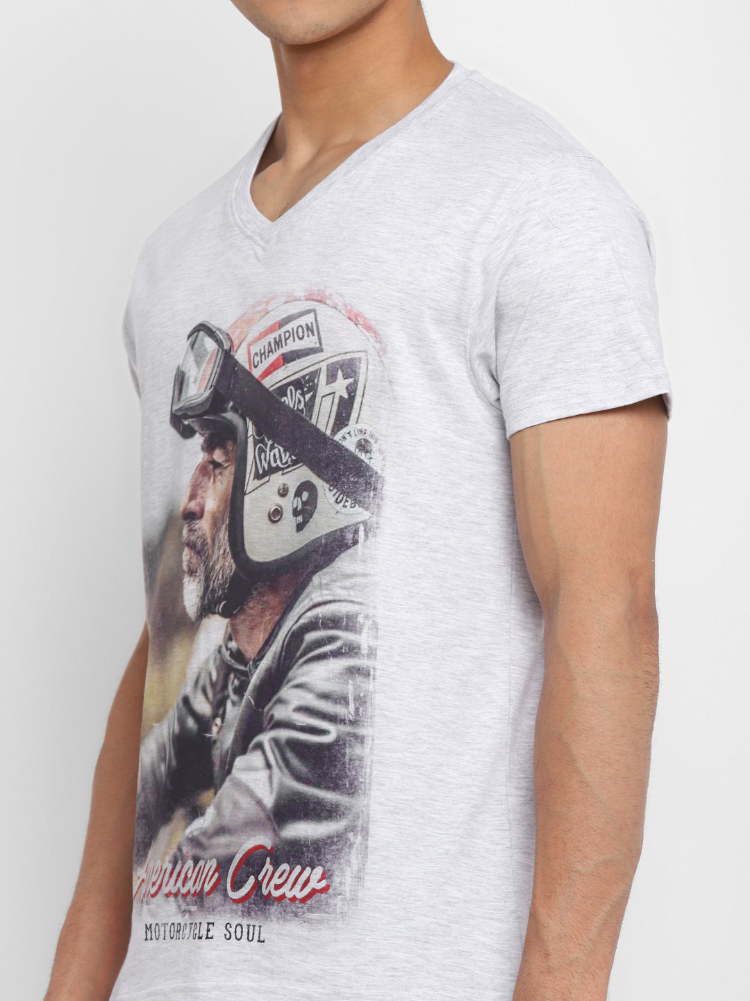 Printed V Neck T-Shirt For Men - Ecru Melange