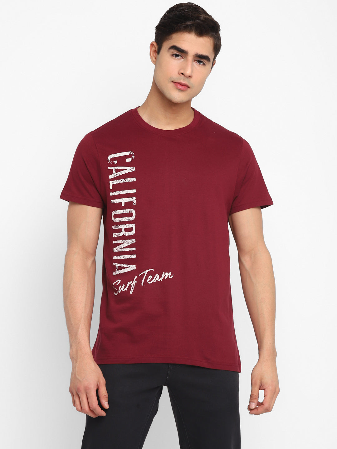 100% Cotton Printed Round Neck T-Shirt For Men - Maroon