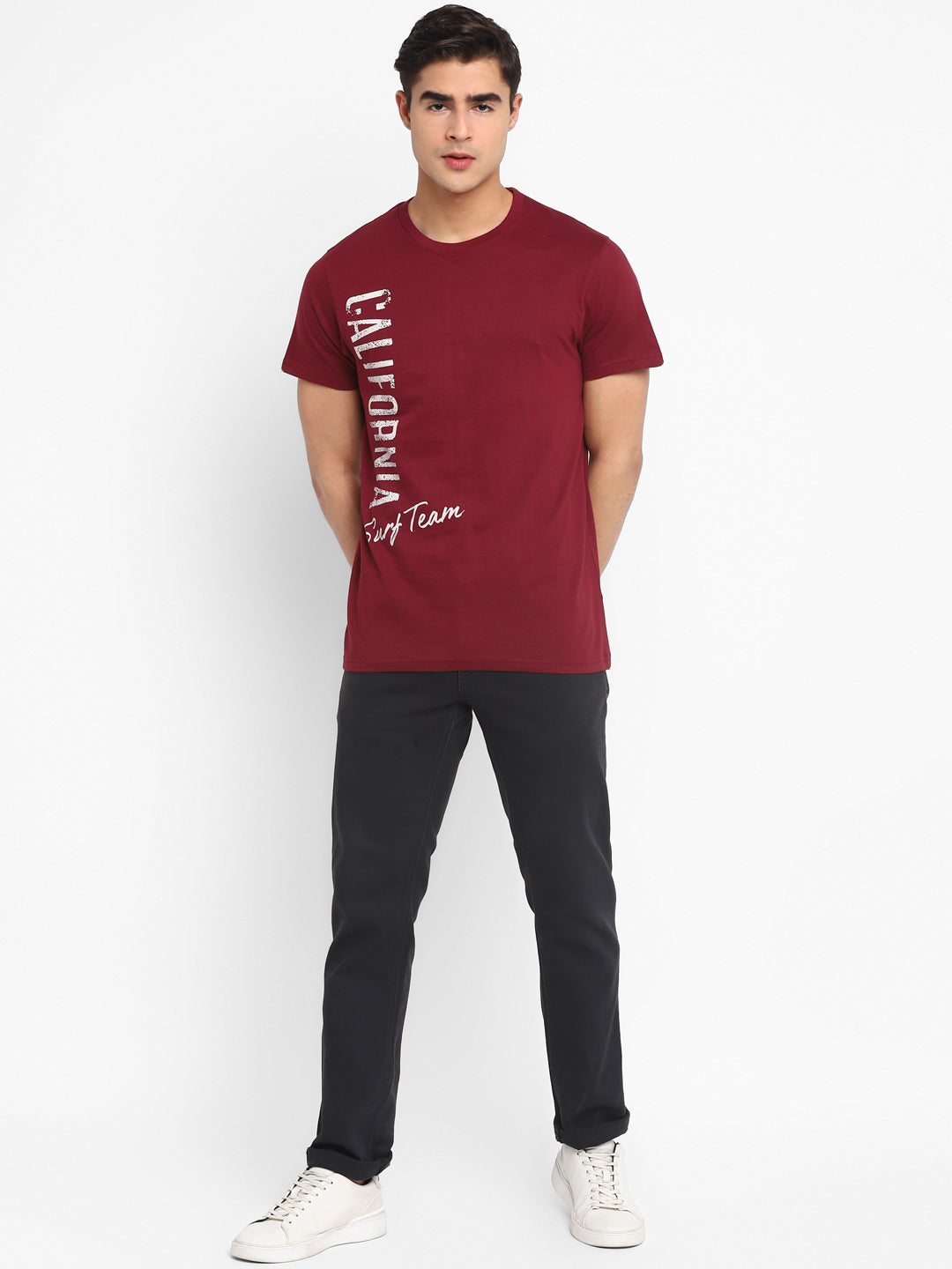 100% Cotton Printed Round Neck T-Shirt For Men - Maroon