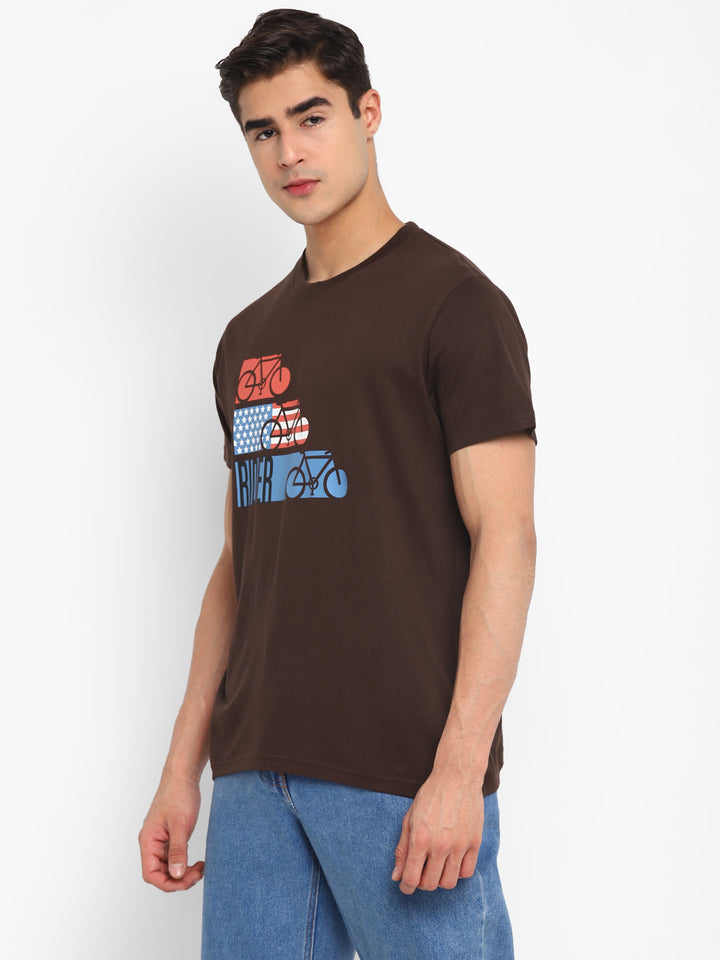 100% Cotton Printed Round Neck T-Shirt For Men - Coffee Brown