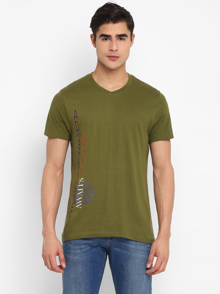 100% Cotton Printed V Neck T-Shirt For Men - Olive Green
