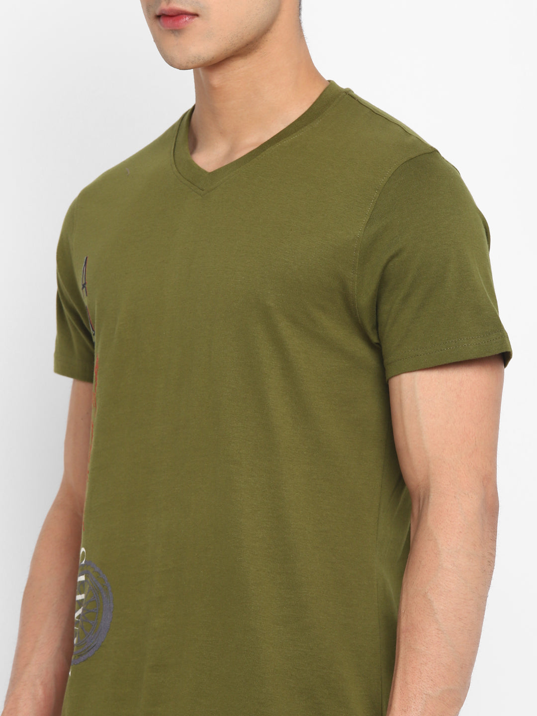100% Cotton Printed V Neck T-Shirt For Men - Olive Green
