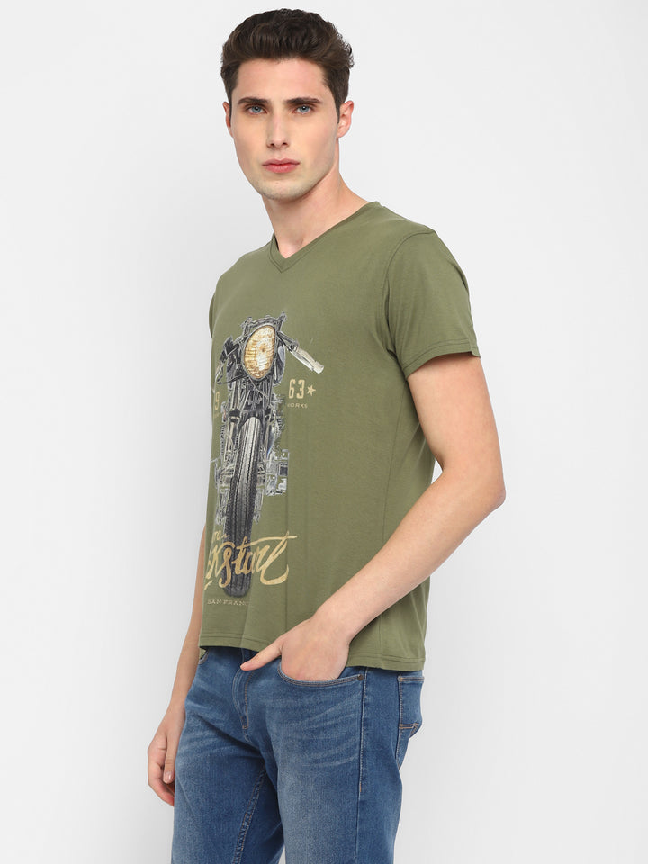 100% Cotton Printed V Neck T-Shirt For Men - Olive