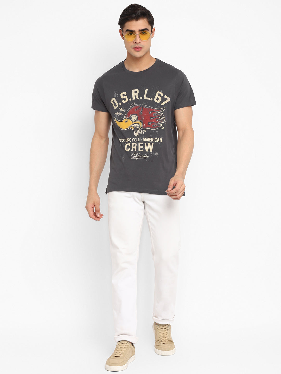 100% Cotton Printed Round Neck T-Shirt for Men - Gargoyle Grey