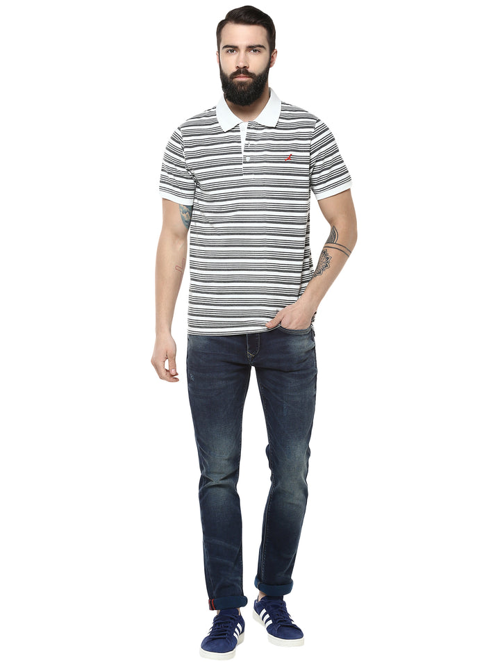 Men's Polo Collar Yarn Dyed Striped T-Shirt - Off White & Charcoal Melange