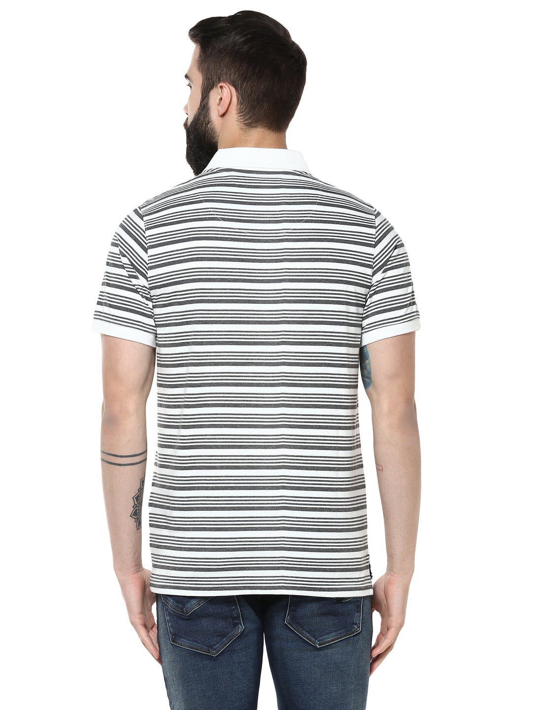 Men's Polo Collar Yarn Dyed Striped T-Shirt - Off White & Charcoal Melange