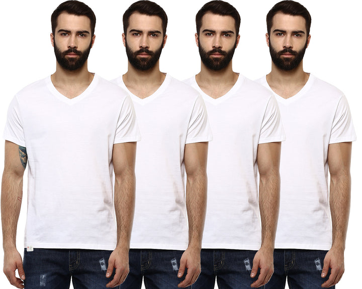 Regular Fit Half Sleeve V-Neck Cotton T-Shirt Pack of 4 - White (Cotton 60% Poly 40%)