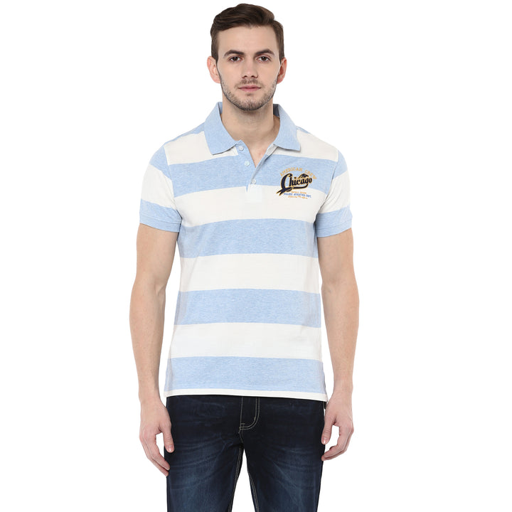 100% Cotton Polo T-Shirt for Men- White & Sky Blue Melange (No Exchange No Return)