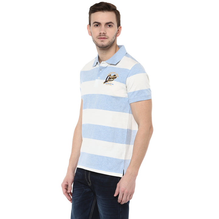 100% Cotton Polo T-Shirt for Men- White & Sky Blue Melange (No Exchange No Return)