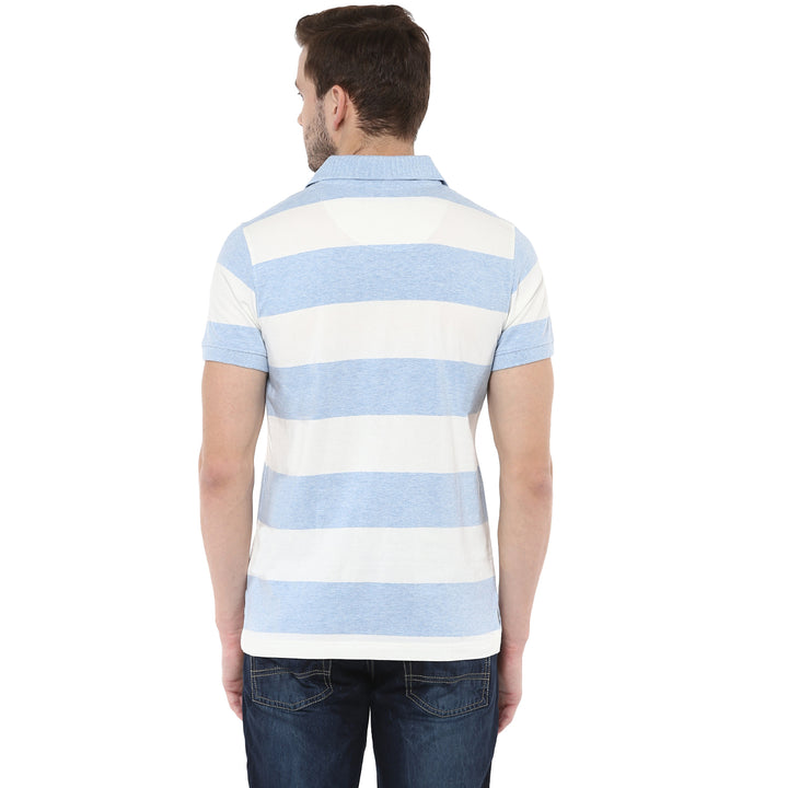100% Cotton Polo T-Shirt for Men- White & Sky Blue Melange (No Exchange No Return)