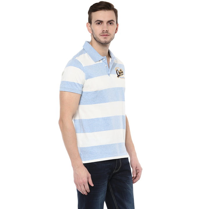 100% Cotton Polo T-Shirt for Men- White & Sky Blue Melange (No Exchange No Return)