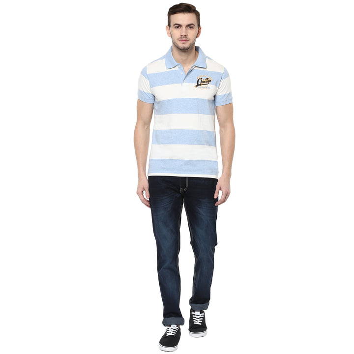 100% Cotton Polo T-Shirt for Men- White & Sky Blue Melange (No Exchange No Return)