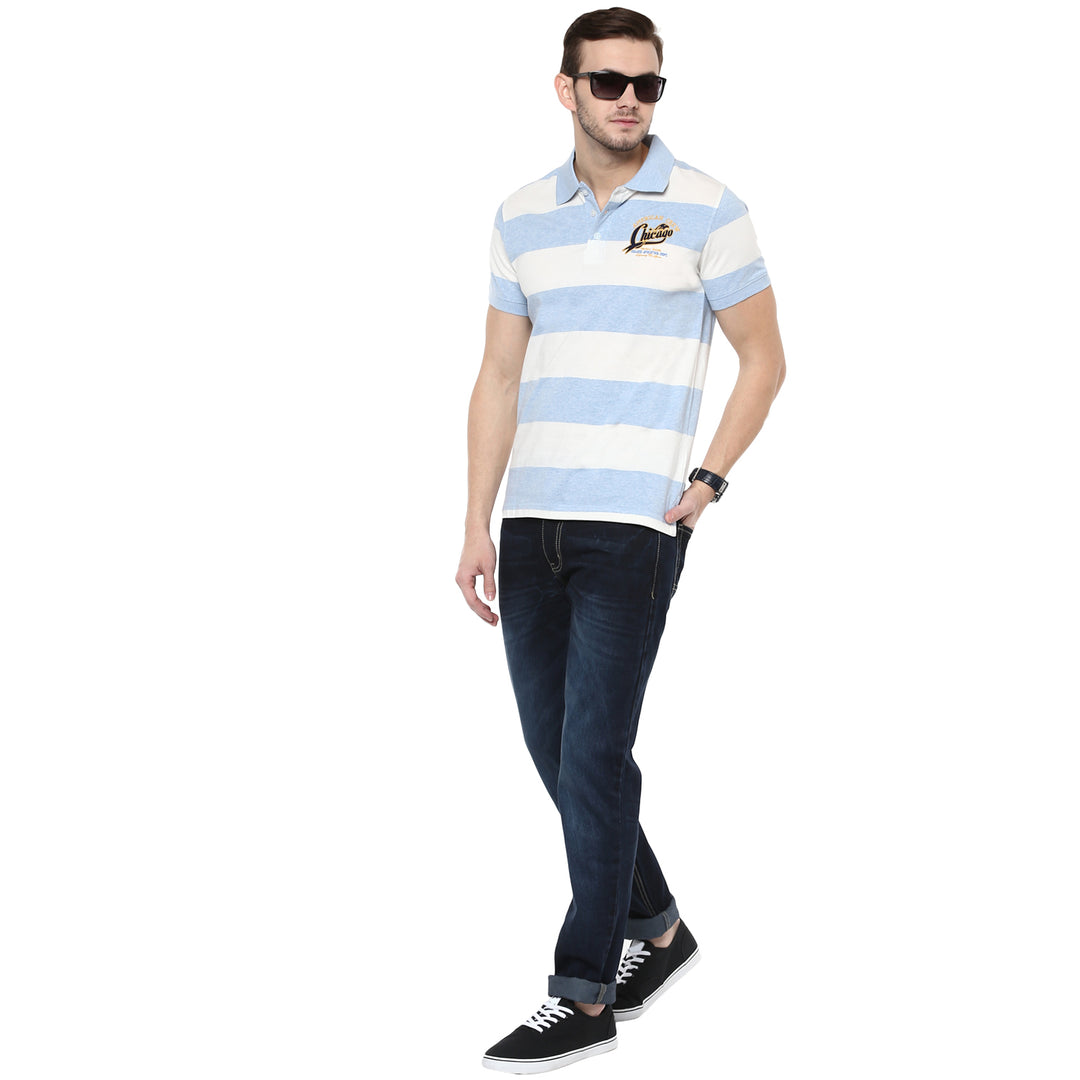 100% Cotton Polo T-Shirt for Men- White & Sky Blue Melange (No Exchange No Return)