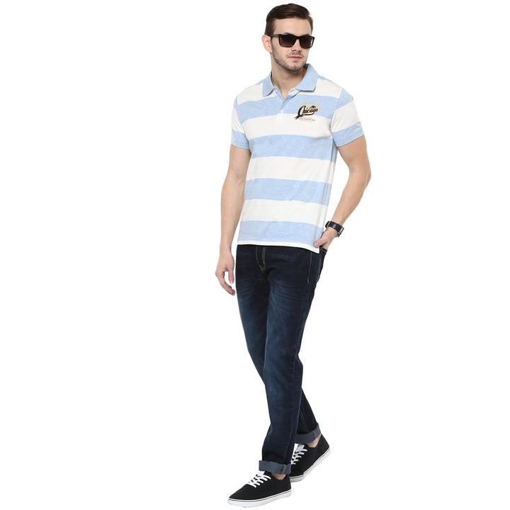 100% Cotton Polo T-Shirt for Men- White & Sky Blue Melange (No Exchange No Return)