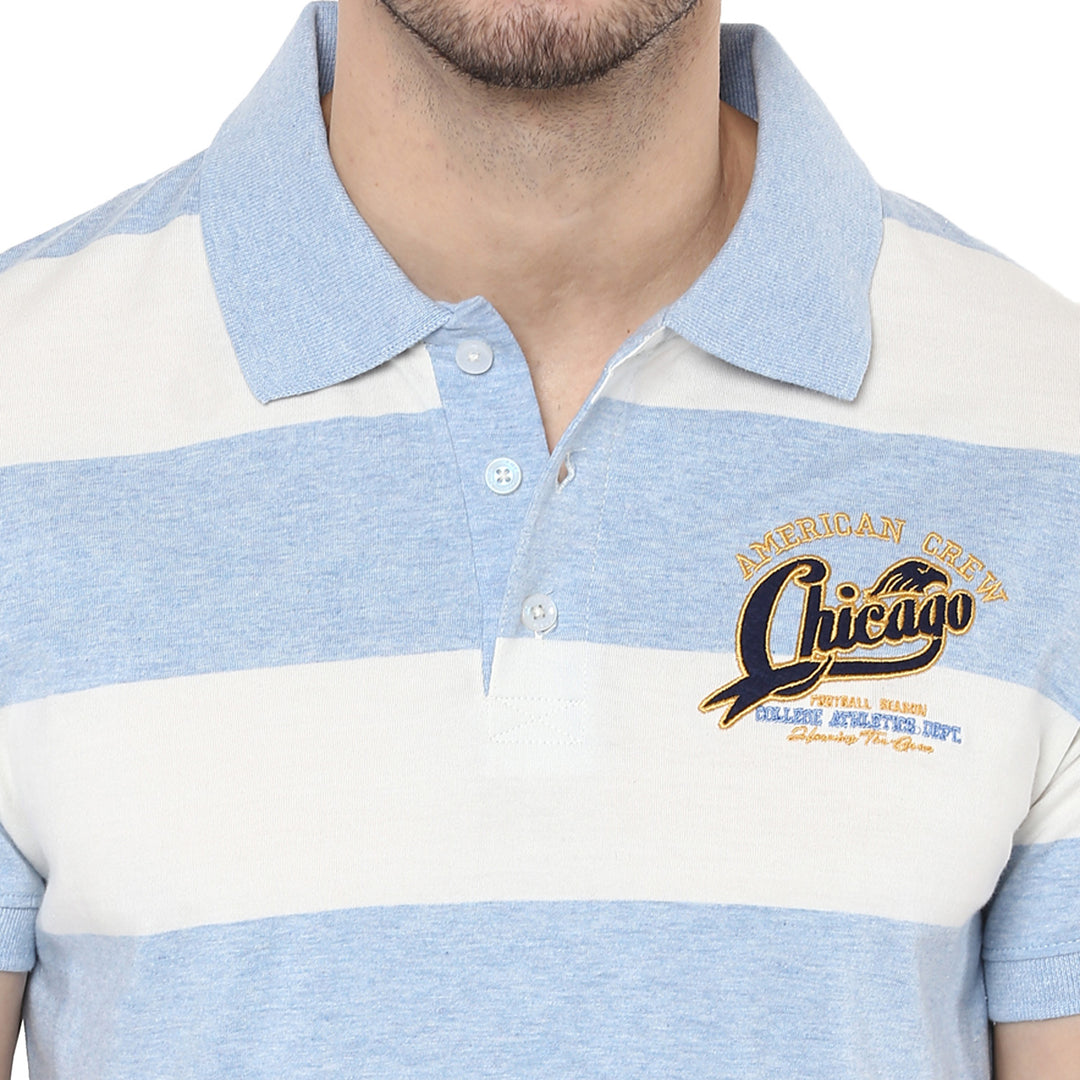 100% Cotton Polo T-Shirt for Men- White & Sky Blue Melange (No Exchange No Return)