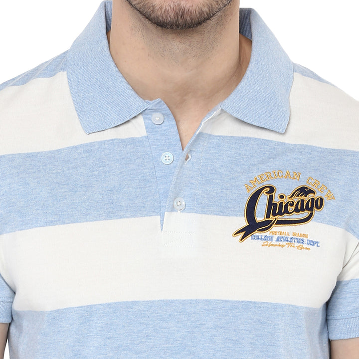 100% Cotton Polo T-Shirt for Men- White & Sky Blue Melange (No Exchange No Return)