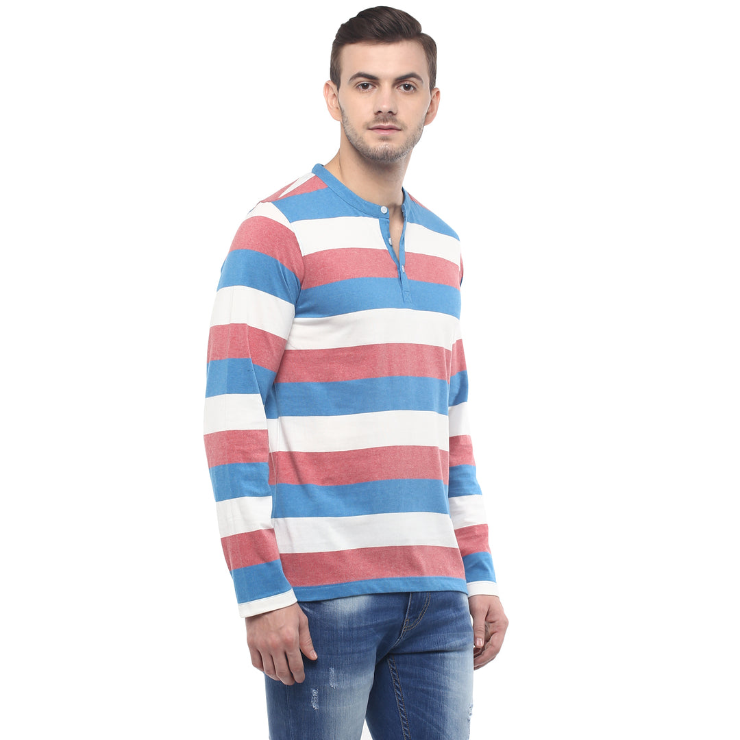100% Cotton Henley T-Shirt- White, Blue & Brick Red (No Exchange no Refund)