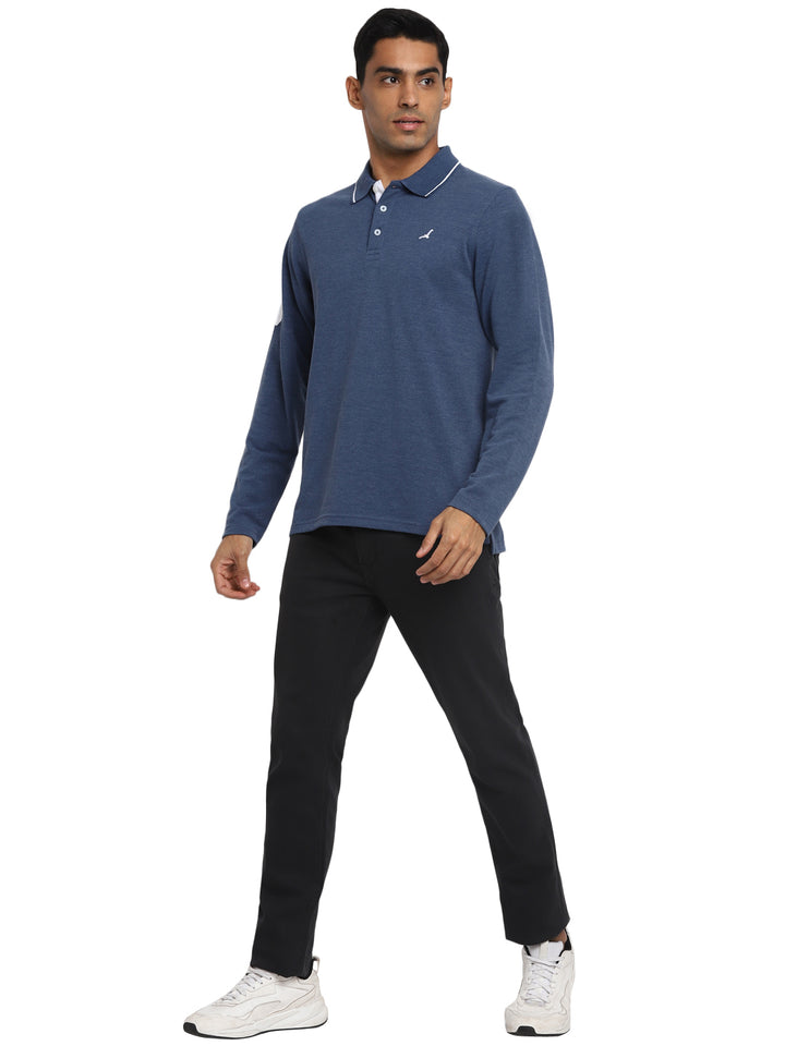 Full Sleeves Polo Collar T-Shirt for Men - Blue Melange