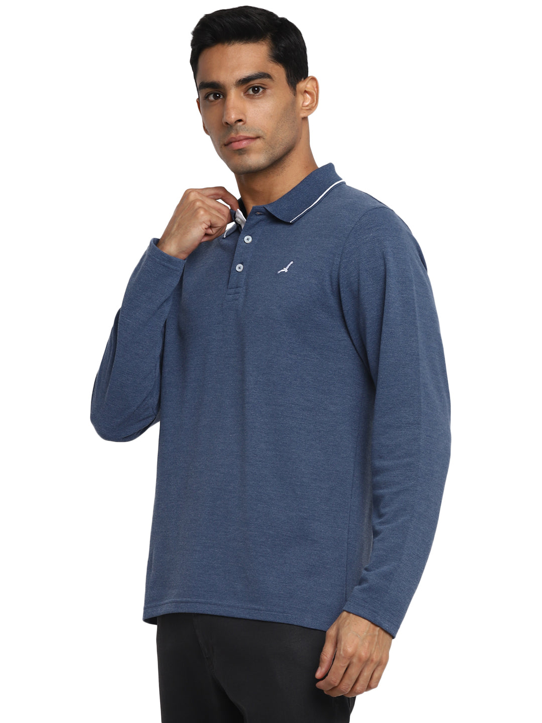 Full Sleeves Polo Collar T-Shirt for Men - Blue Melange