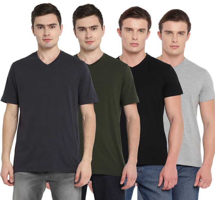 Men's Solid Regular Fit Half Sleeve V-Neck Cotton T-Shirt Pack of 4 - Black, Olive, Carbon & Grey Melange
