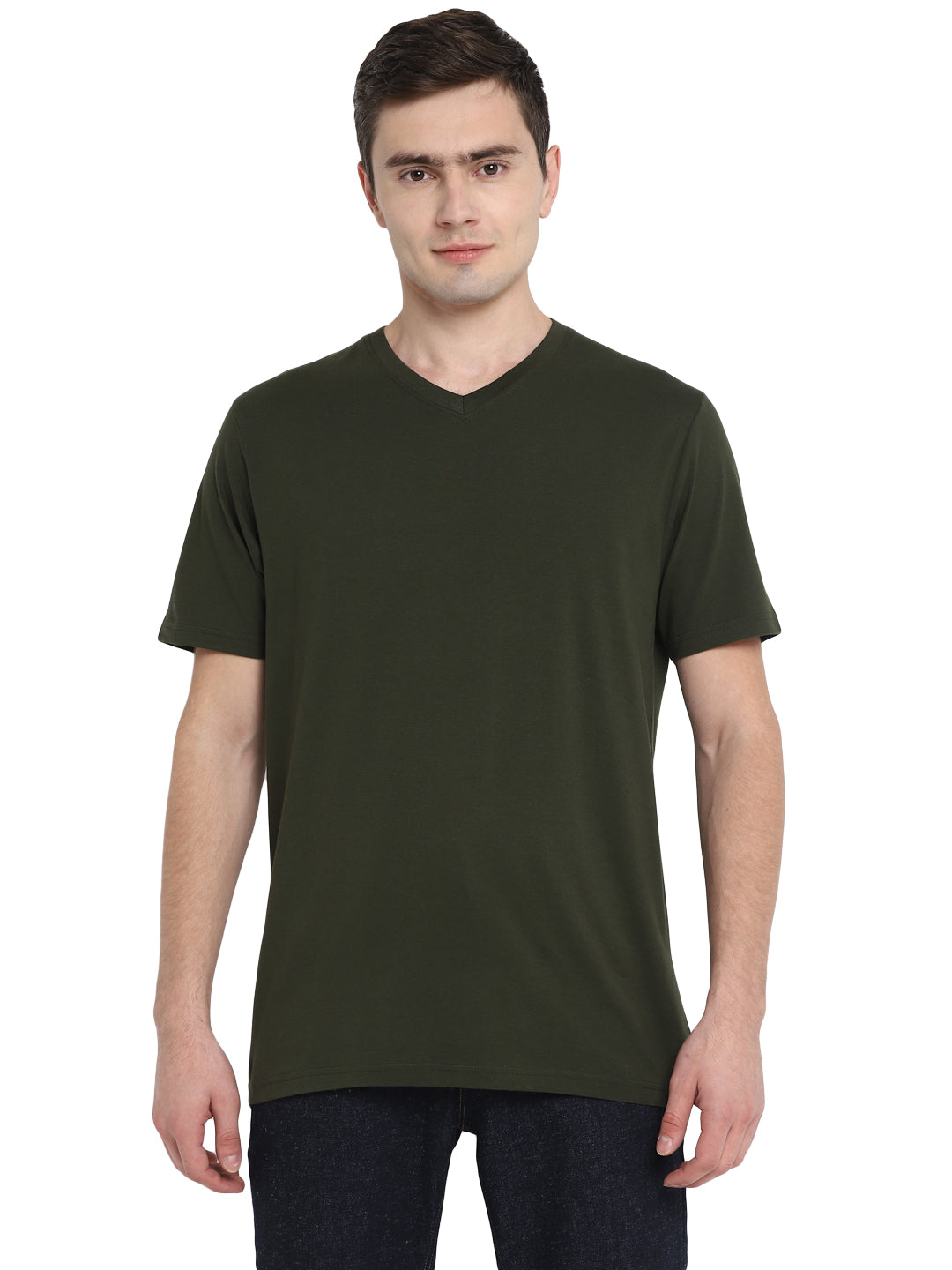 Men's Solid Regular Fit Half Sleeve V-Neck Cotton T-Shirt Pack of 4 - Black, Olive, Carbon & Grey Melange