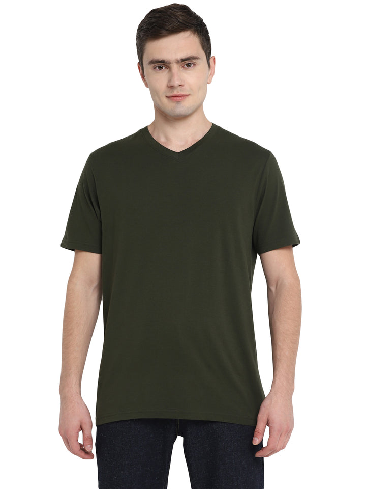Men's Solid Regular Fit Half Sleeve V-Neck Cotton T-Shirt Pack of 4 - Black, Olive, Carbon & Grey Melange