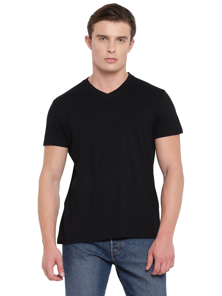 Men's Solid Regular Fit Half Sleeve V-Neck Cotton T-Shirt Pack of 4 - Black, Olive, Carbon & Grey Melange