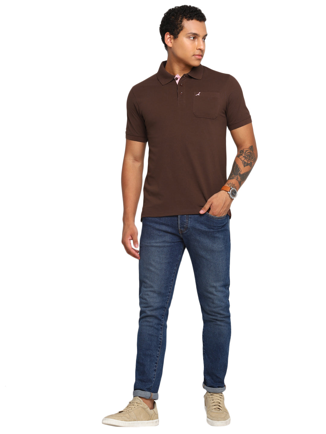 Polo Collar T-Shirt for Men with Pocket - Dark Brown