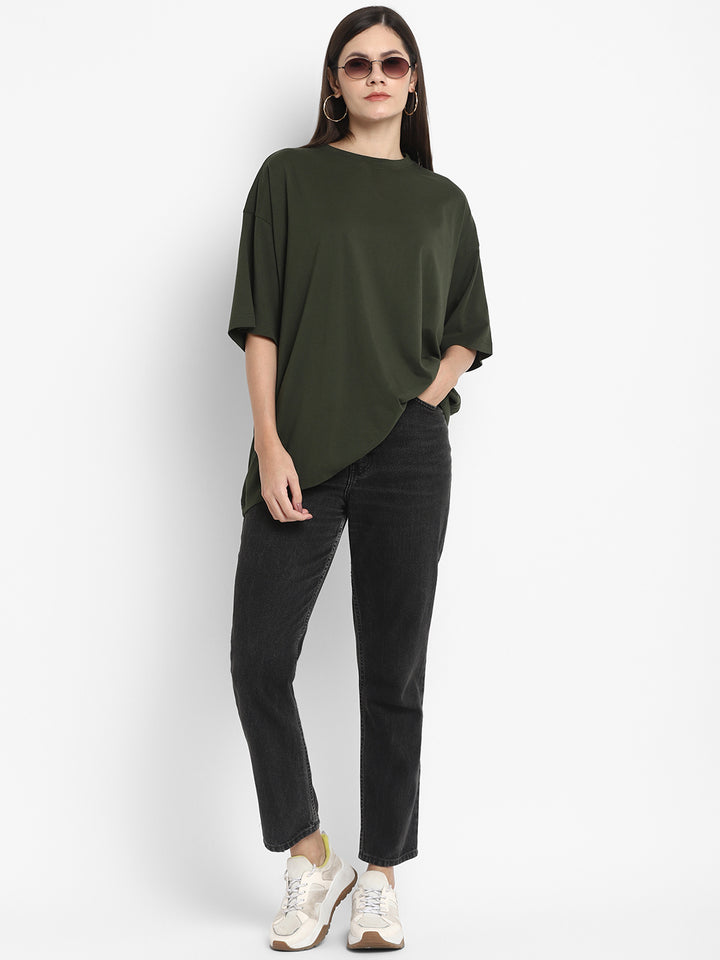 100% Cotton Oversize Round Neck T-Shirt - Dark Olive