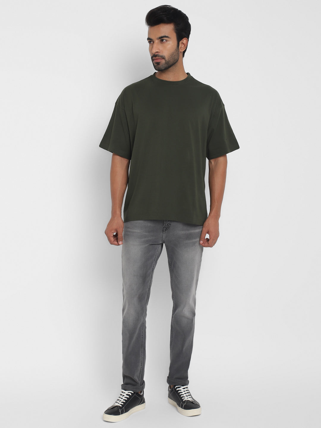 100% Cotton Oversize Round Neck T-Shirt - Dark Olive