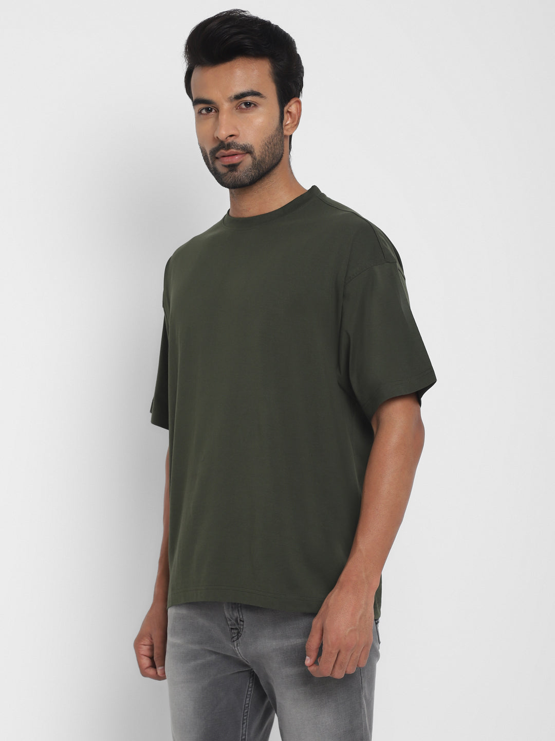 100% Cotton Oversize Round Neck T-Shirt - Dark Olive