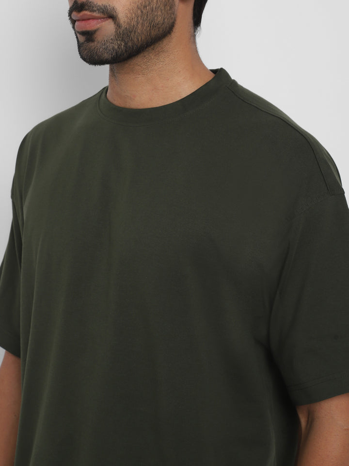 100% Cotton Oversize Round Neck T-Shirt - Dark Olive