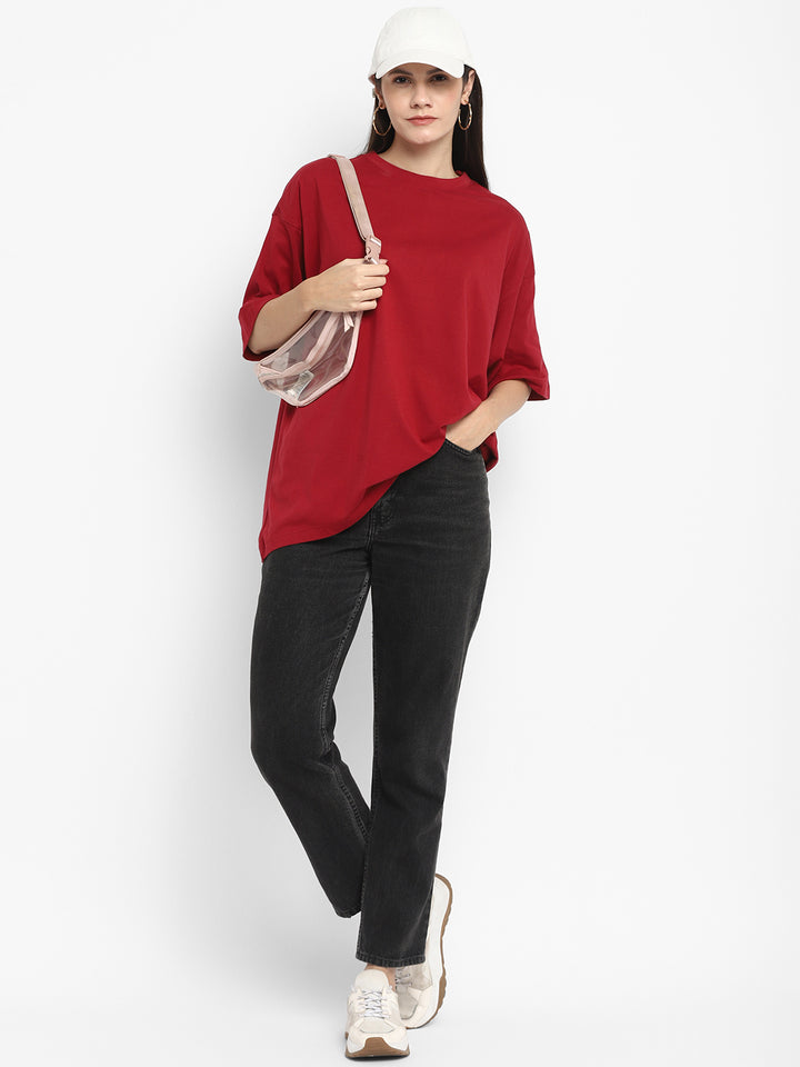 100% Cotton Oversize Round Neck T-Shirt - Rio Red