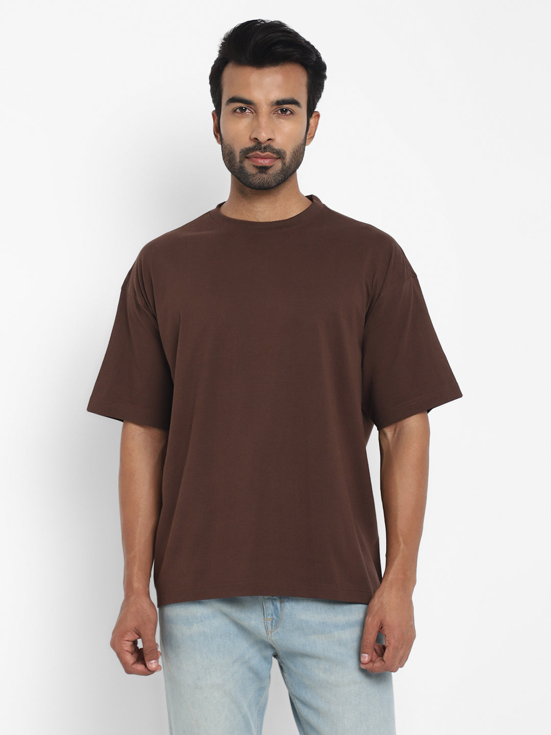 100% Cotton Oversize Round Neck T-Shirt - Hot Fudge