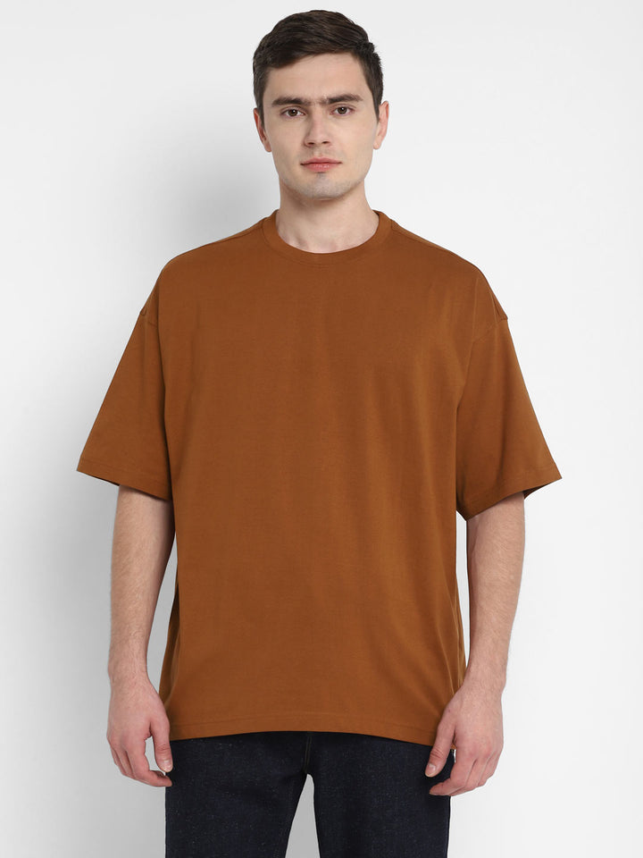 100% Cotton Oversize Round Neck T-Shirt - Caramel Cafe