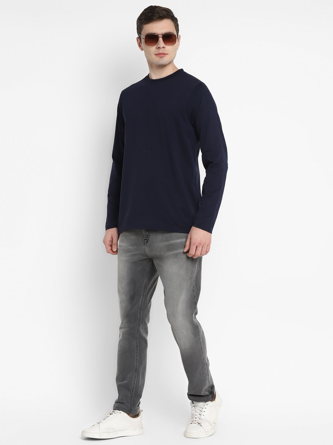 Supima Cotton Round Neck Full Sleeves T-Shirt for Men - Navy Blue