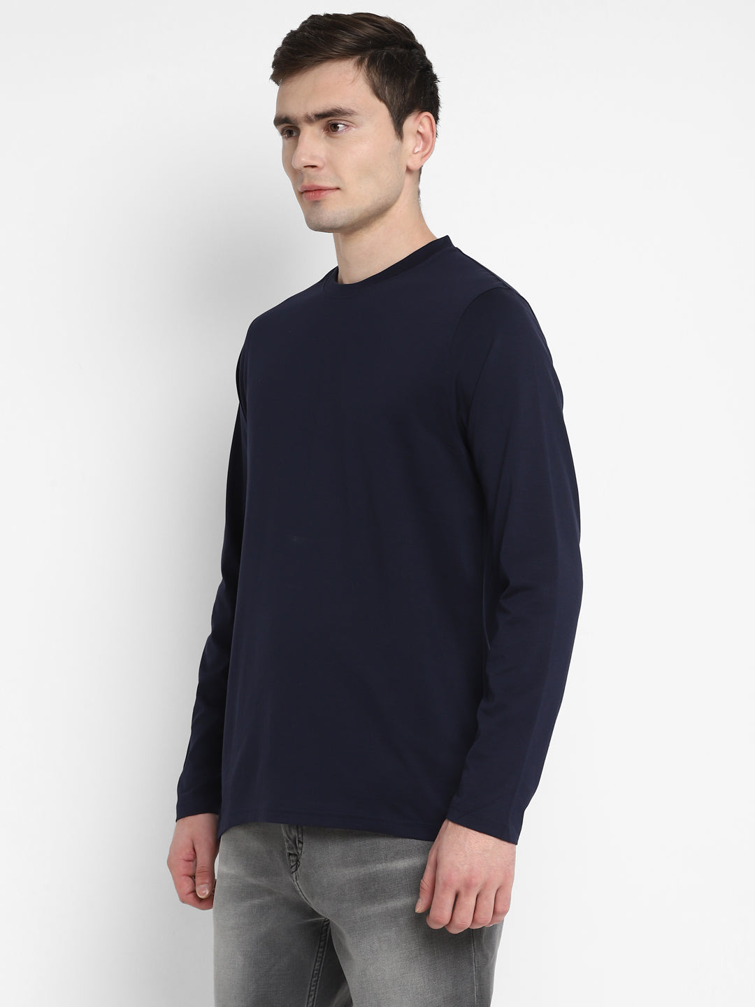 Supima Cotton Round Neck Full Sleeves T-Shirt for Men - Navy Blue