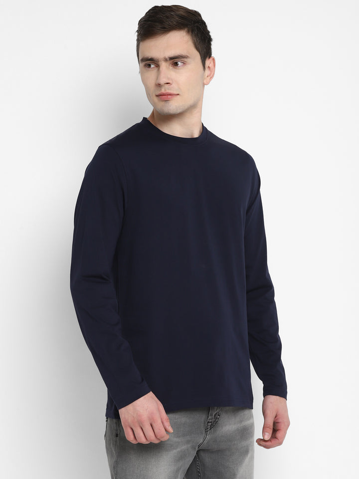 Supima Cotton Round Neck Full Sleeves T-Shirt for Men - Navy Blue