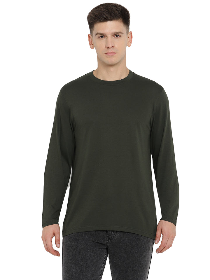 Supima Cotton Round Neck Full Sleeve T-Shirt for Men - Dark Olive