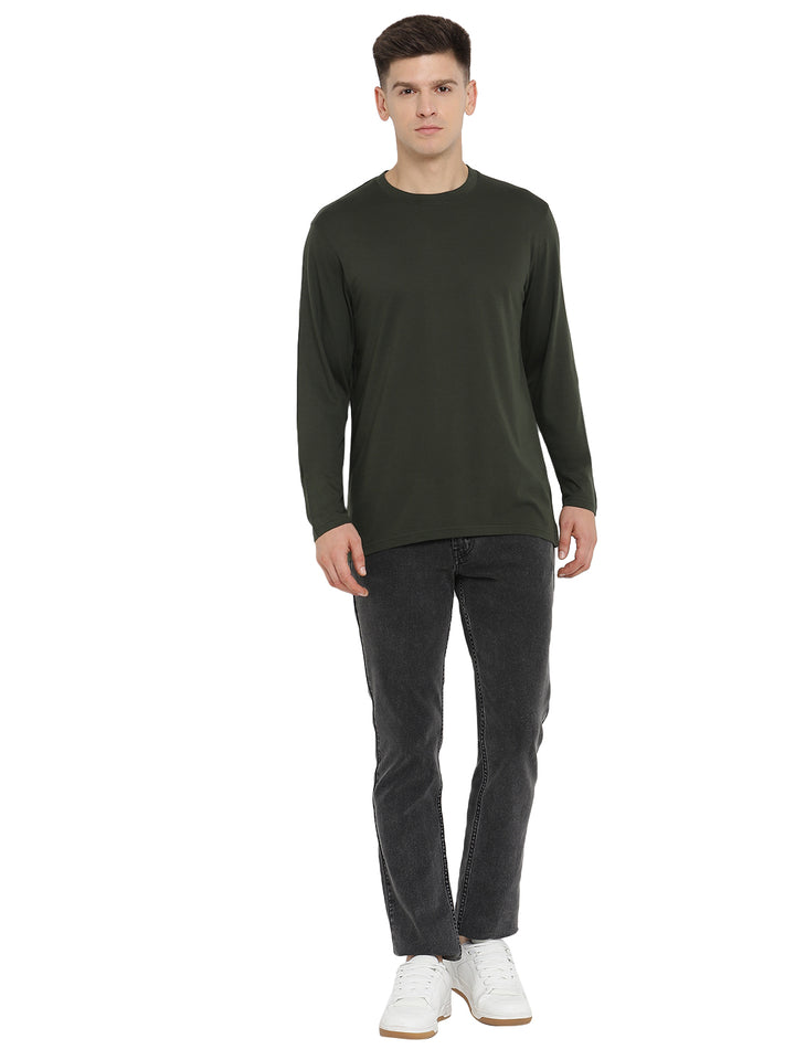 Supima Cotton Round Neck Full Sleeve T-Shirt for Men - Dark Olive