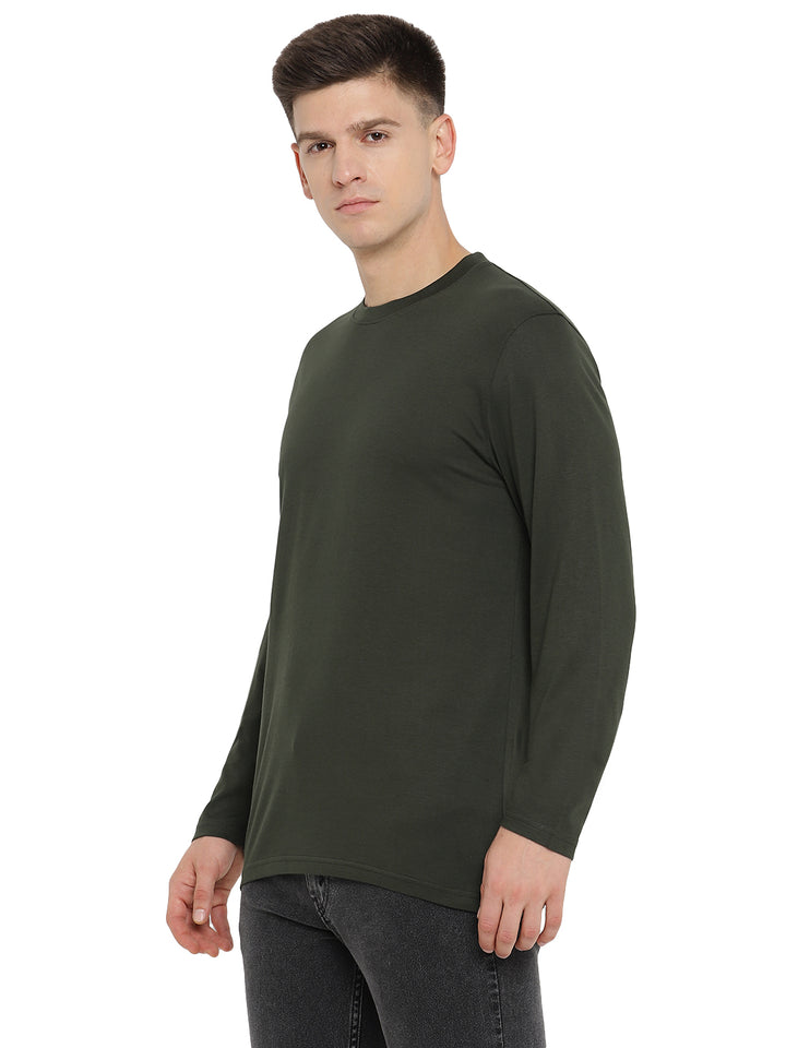 Supima Cotton Round Neck Full Sleeve T-Shirt for Men - Dark Olive