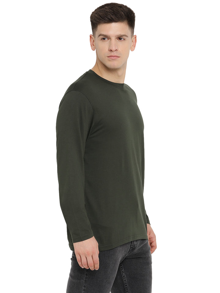 Supima Cotton Round Neck Full Sleeve T-Shirt for Men - Dark Olive