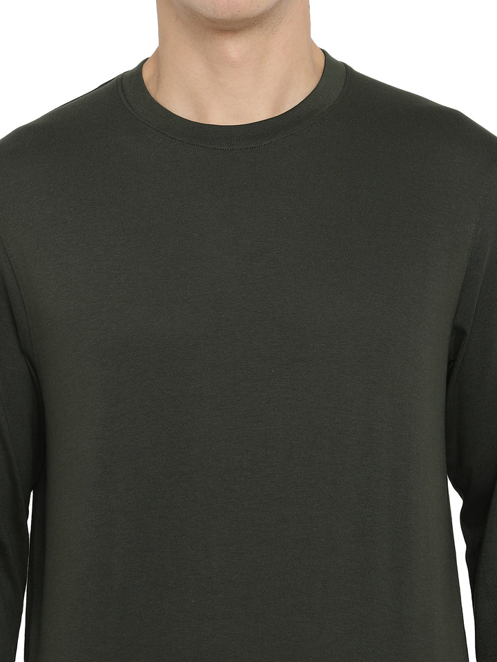 Supima Cotton Round Neck Full Sleeve T-Shirt for Men - Dark Olive