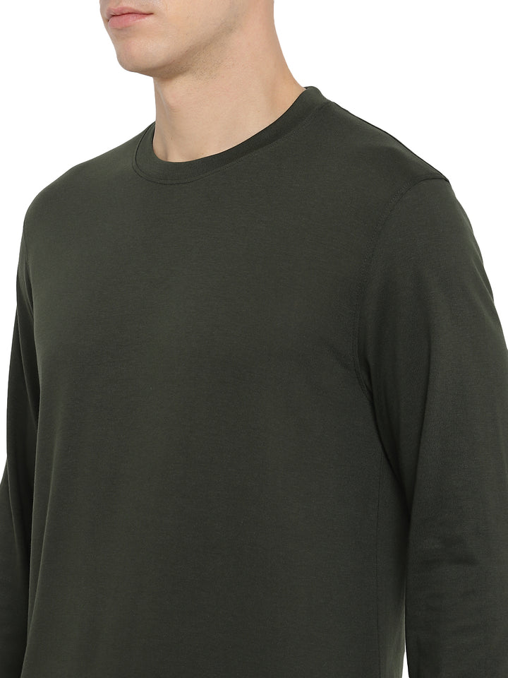 Supima Cotton Round Neck Full Sleeve T-Shirt for Men - Dark Olive