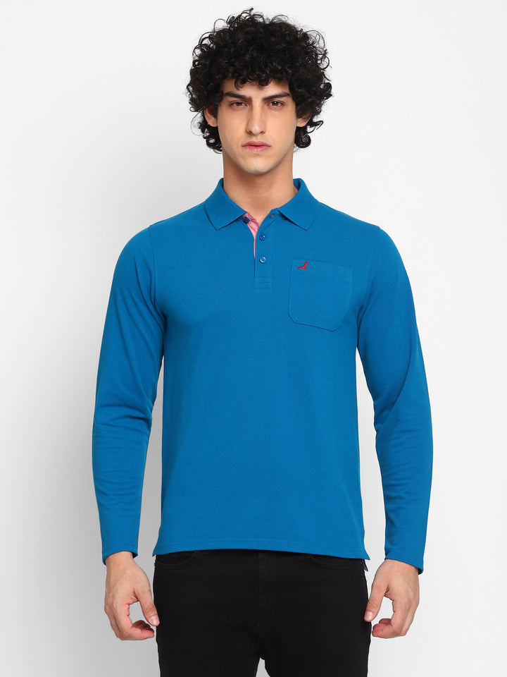 Full Sleeves Polo Collar T-Shirt with Pocket for Men - Mykonos Blue