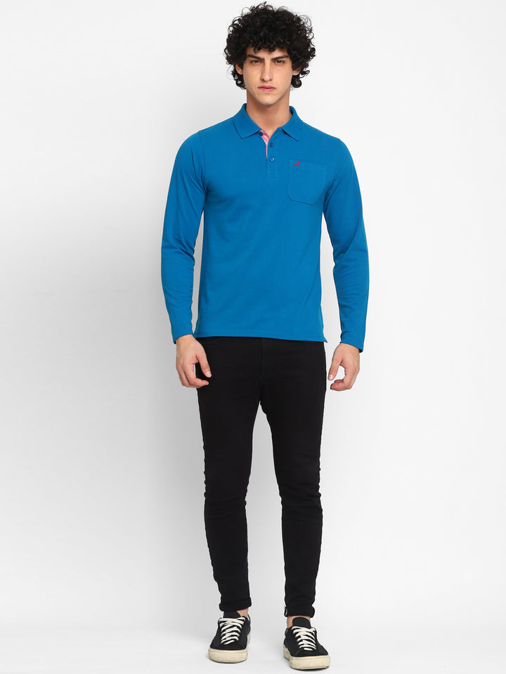 Full Sleeves Polo Collar T-Shirt with Pocket for Men - Mykonos Blue