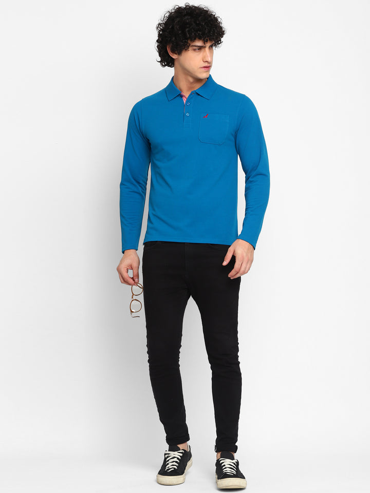Full Sleeves Polo Collar T-Shirt with Pocket for Men - Mykonos Blue