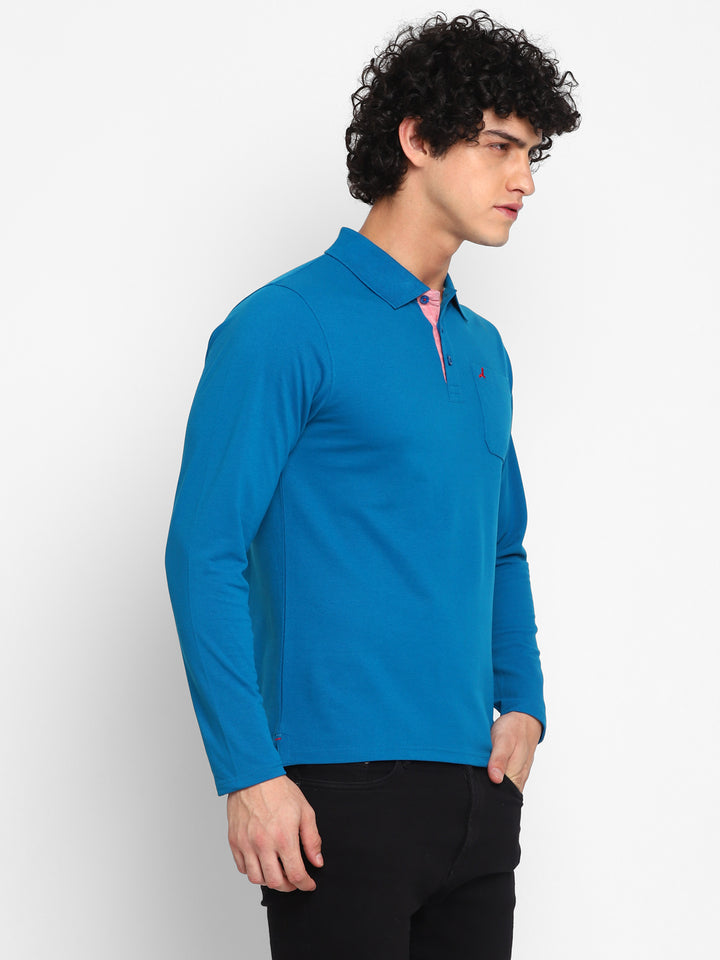 Full Sleeves Polo Collar T-Shirt with Pocket for Men - Mykonos Blue