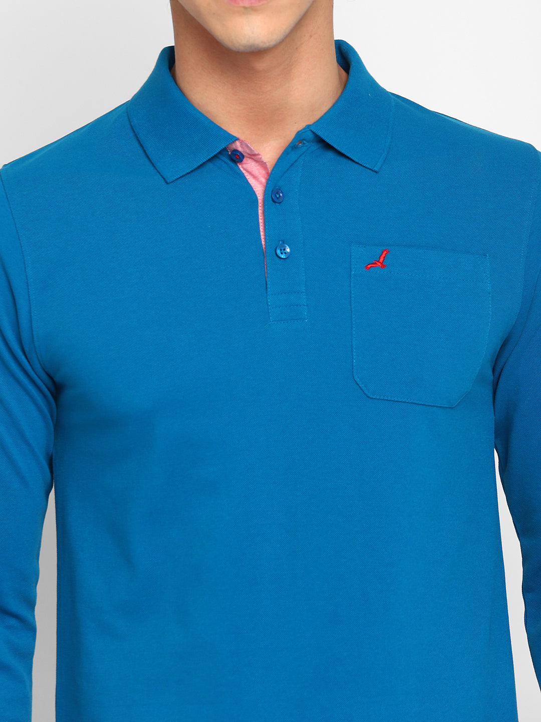 Full Sleeves Polo Collar T-Shirt with Pocket for Men - Mykonos Blue